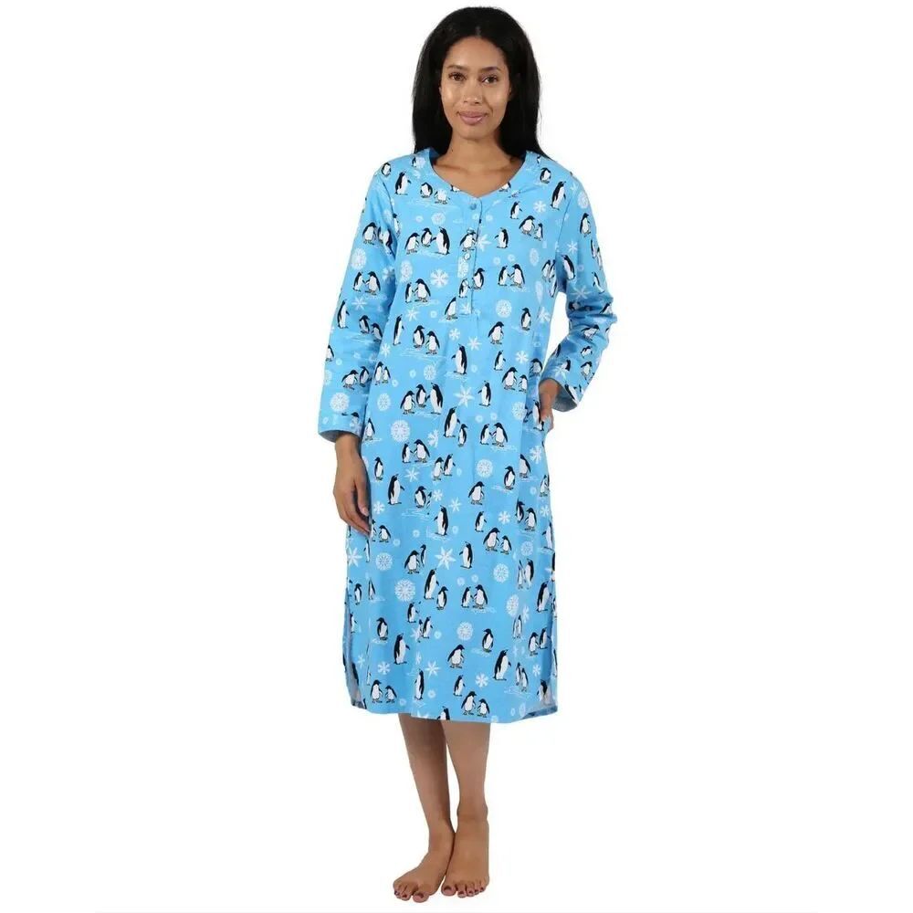 La Cera Flannel Night Gown Penguin Print Blue 100% Cotton Women’s Size 2X